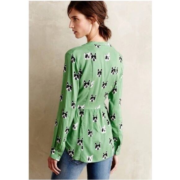 maeve anthropologie Green French Bulldog Pleated Button Up Shirt Sz 6 - Picture 2 of 8